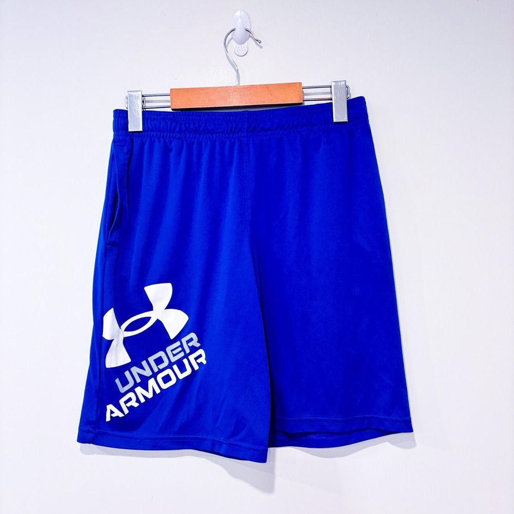 UNDER ARMOUR Blue Athletic Shorts Graphic Logo Pockets | Kids X-Large